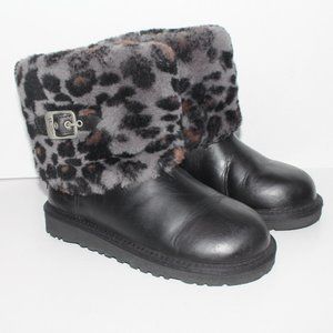 UGG Ellee Brown Leather Animal Print Shearling Winter Snow Boot Youth 3 1003723K